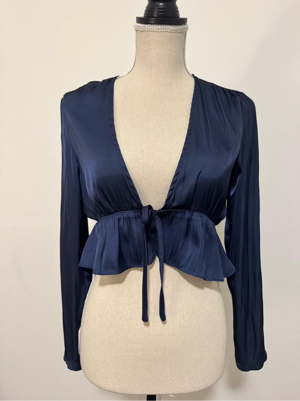 A.C.G. Navy Satin Tie-Front Satiny Blouse Small
